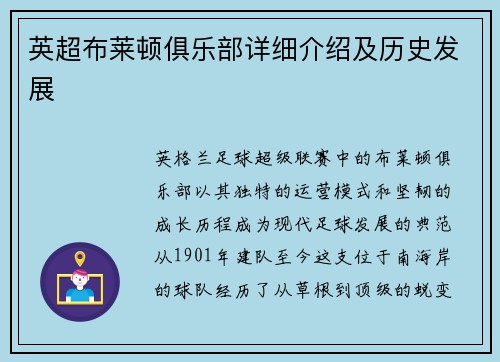 英超布莱顿俱乐部详细介绍及历史发展