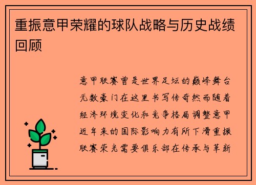 重振意甲荣耀的球队战略与历史战绩回顾