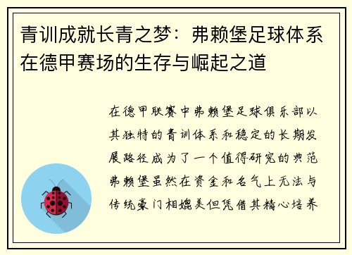 青训成就长青之梦：弗赖堡足球体系在德甲赛场的生存与崛起之道